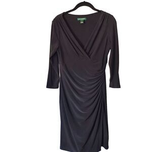 Lauren Ralph Lauren Dress 8P Petite Black Faux Wrap Ruched Stretch *Small Flaw*